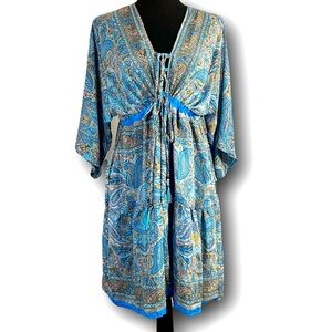 Blue Paisley Kimono Tunic Dress Silk OS Free Size Floral Mini